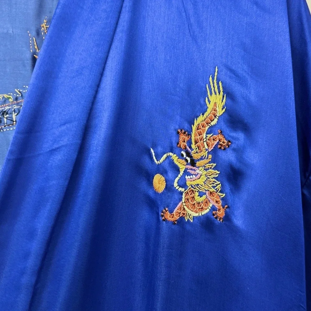 Vintage Golden Dragon Embroidered 100% Silk‎ Robe Blue L
